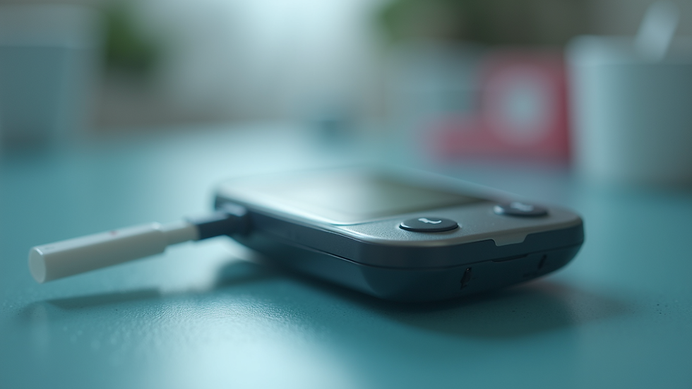 Eye-level view of a glucometer with a test strip inserted