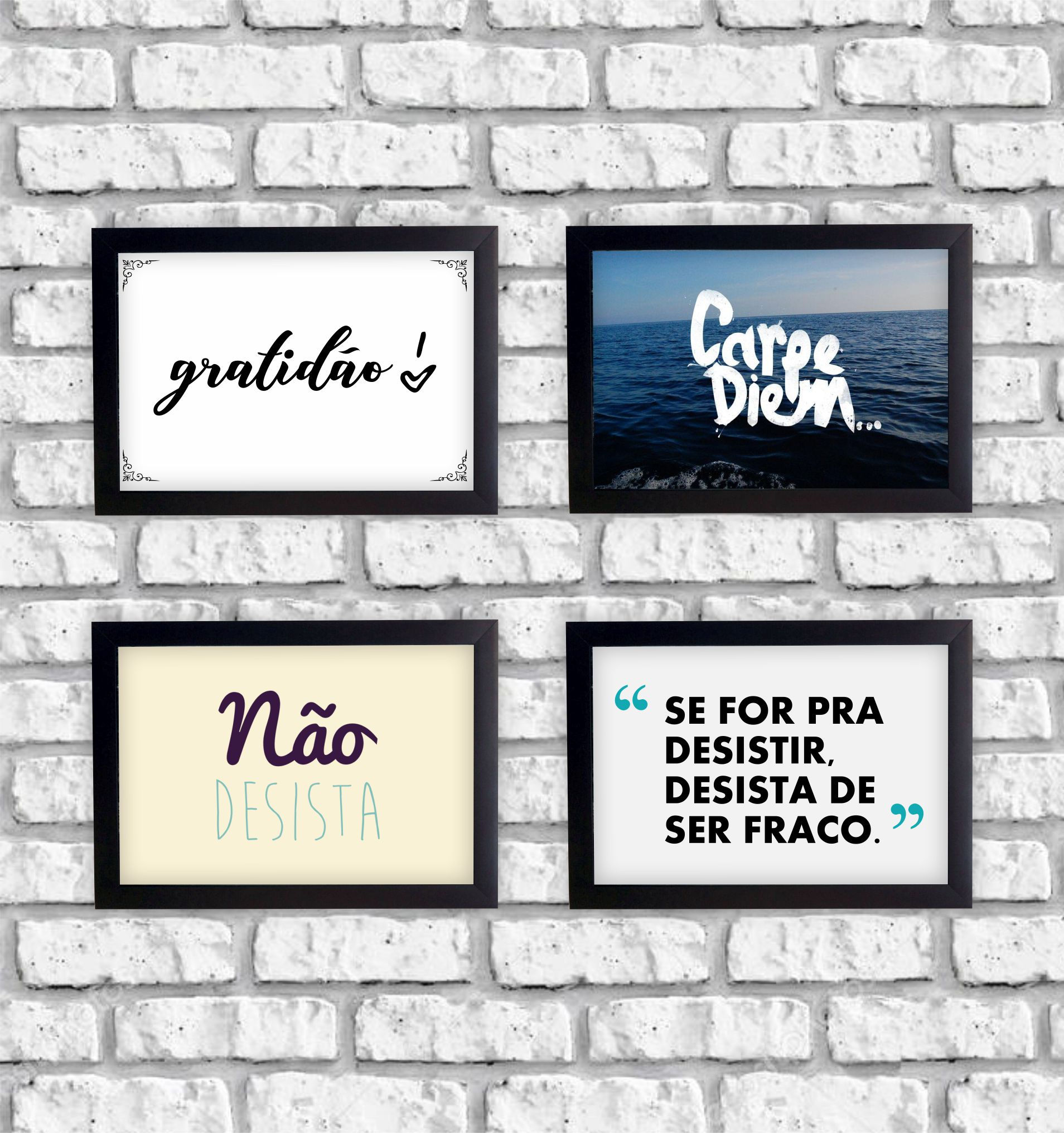 Kit com 4 Quadrinhos Decorativos Frases Motivação com Moldura