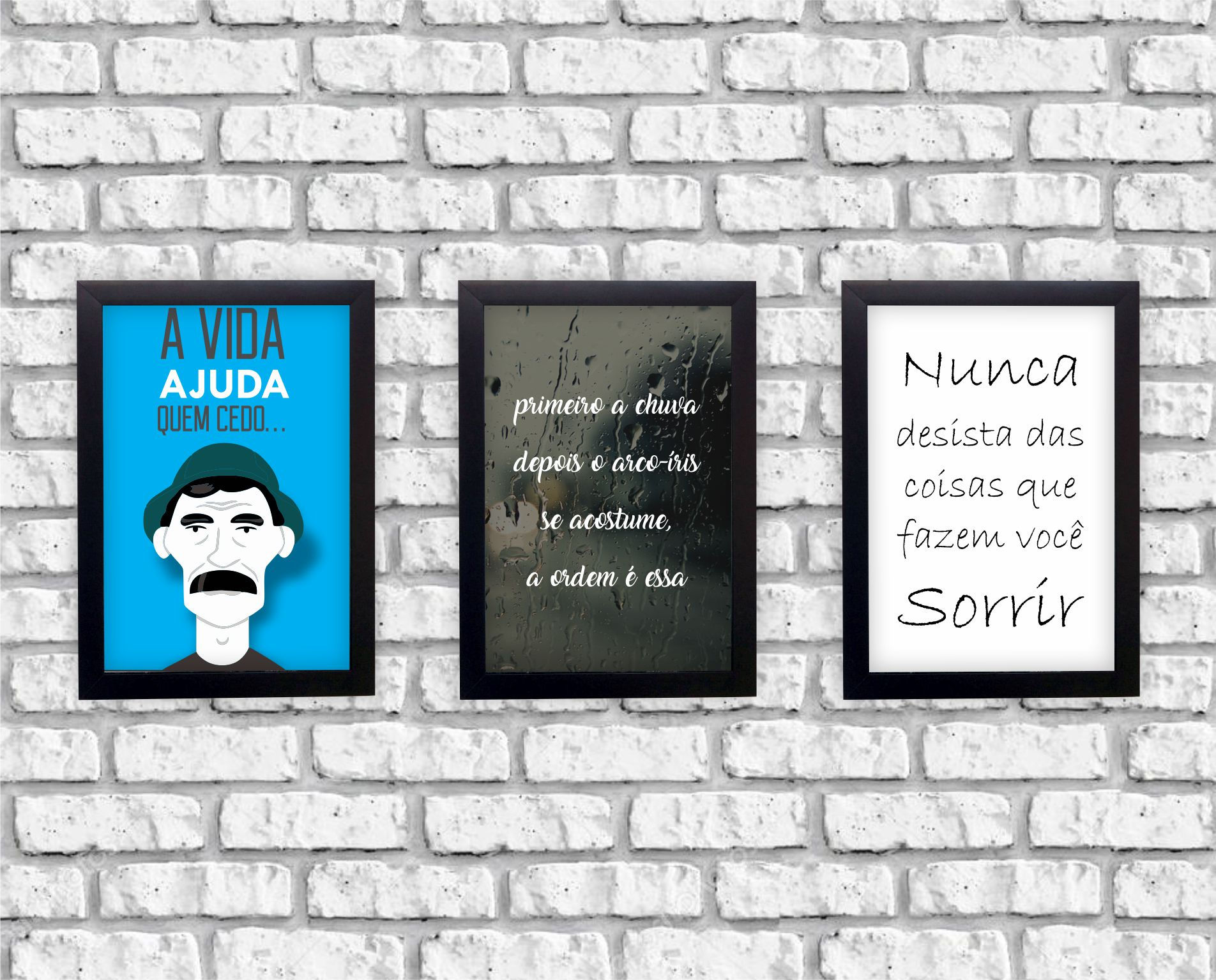Kit 3 Quadros Frases Motivação com Moldura