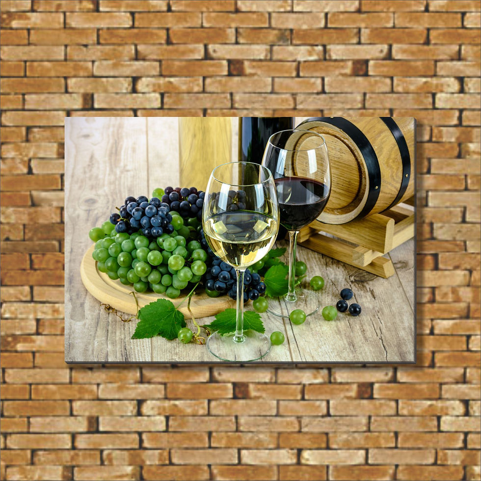 Quadro Ceia Vinho Uvas e Barril Decoração Em Tecido Canvas