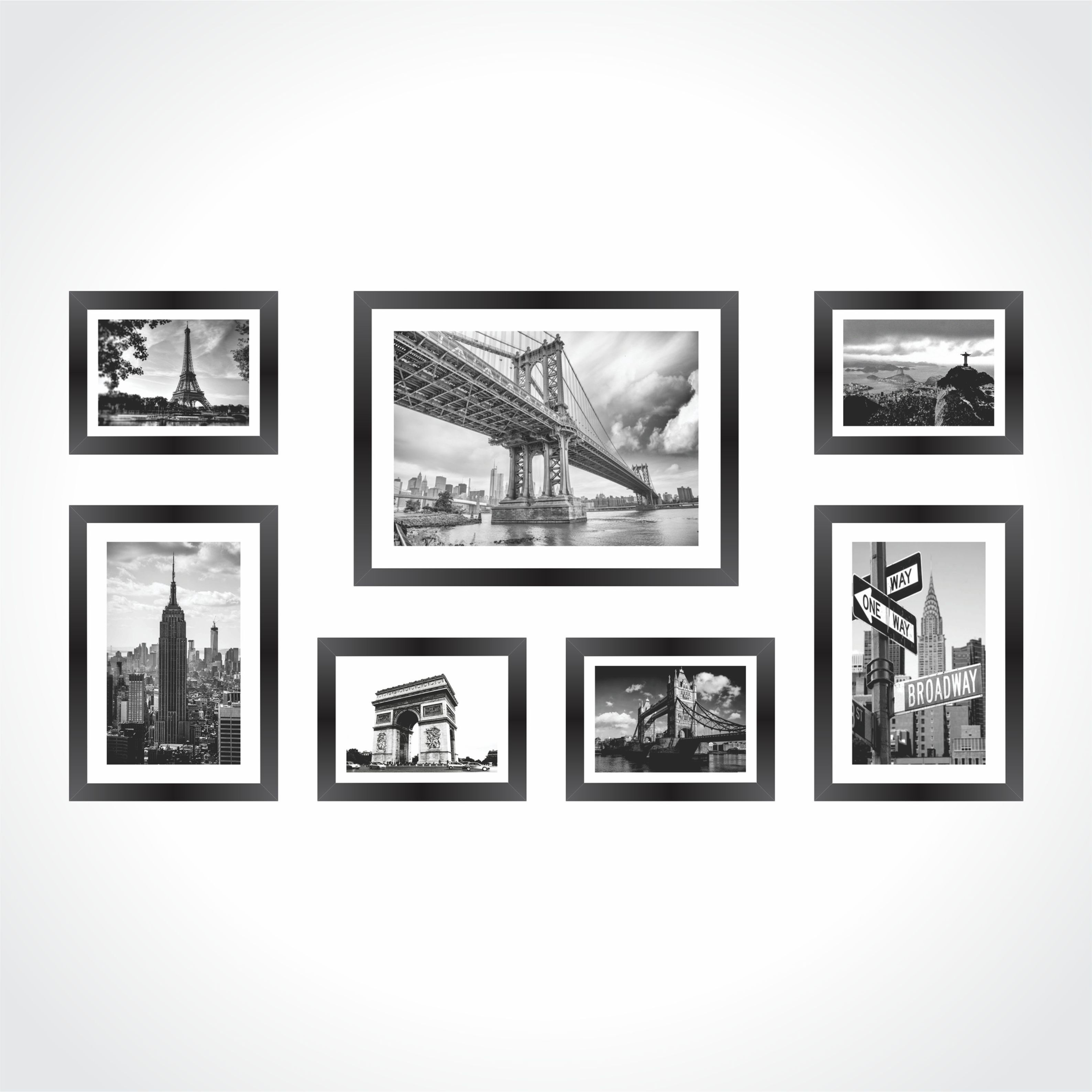 Conjunto 7 Quadros Decorativos Diferentes Dimensões Cidades Preto E Bran