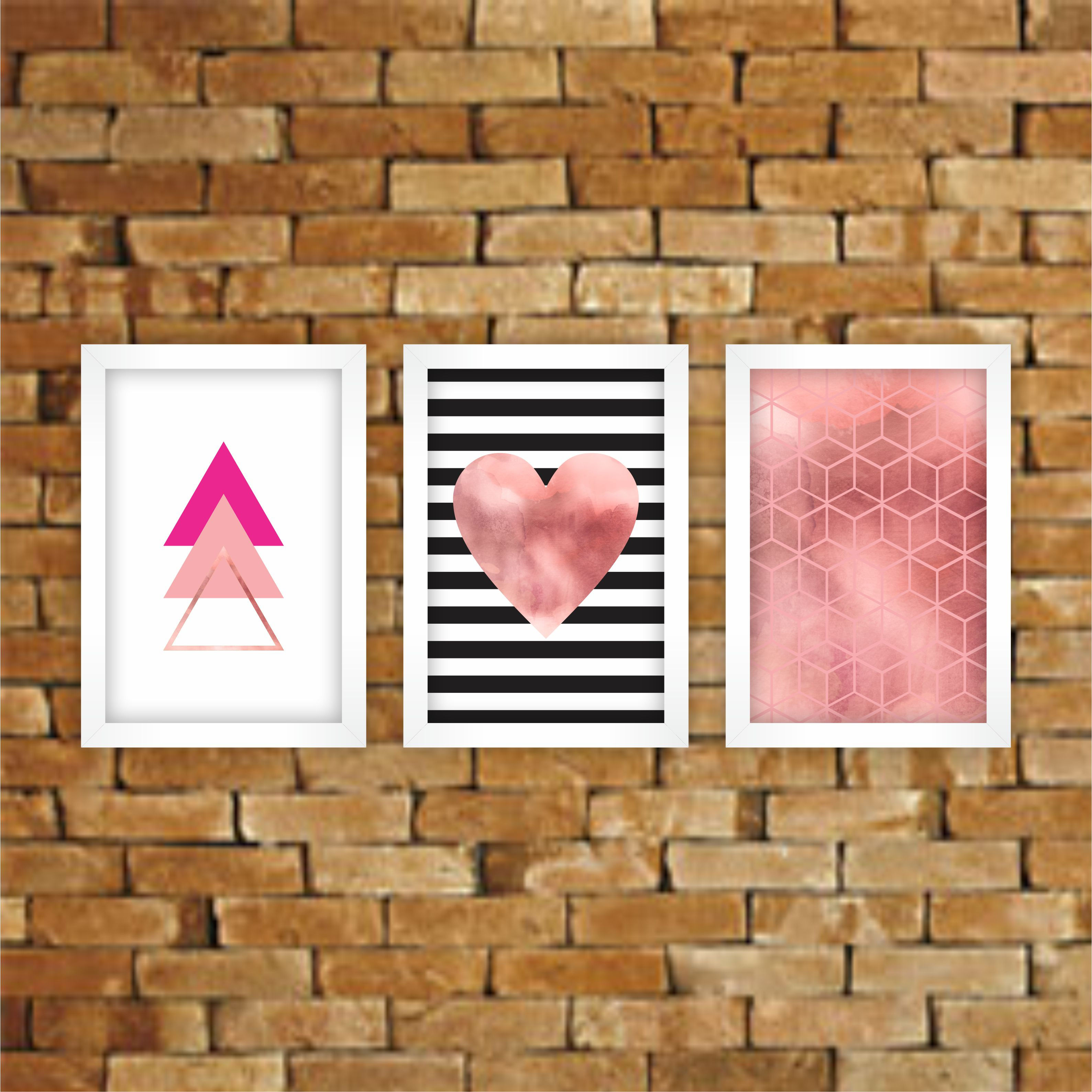 Conjunto kit 3 Quadros Decoração Moderna Coração Rosa