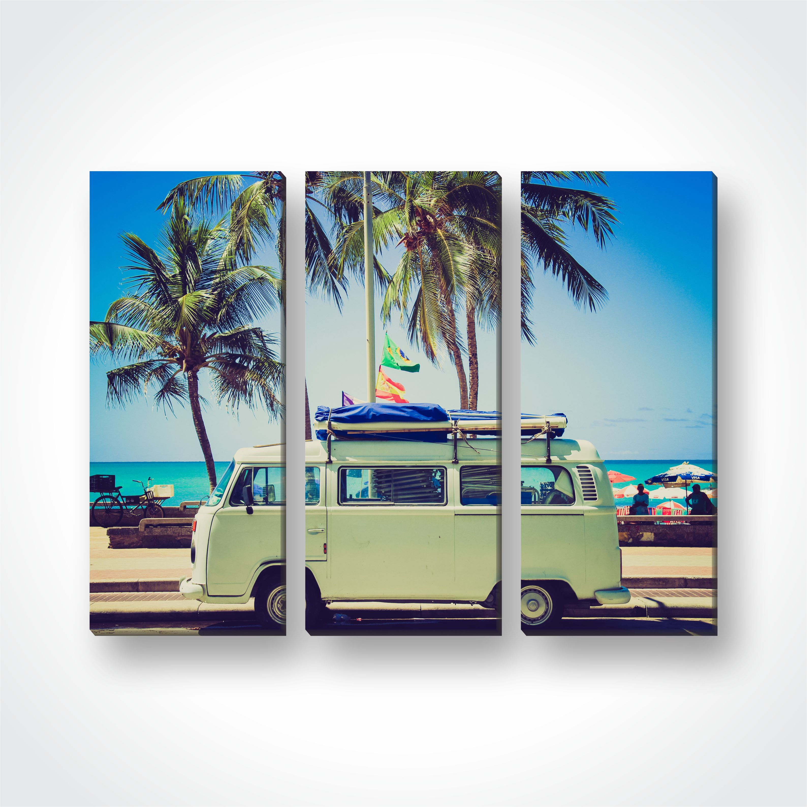 Quadro Mosaico Triplo Praia Kombi Tecido Canvas