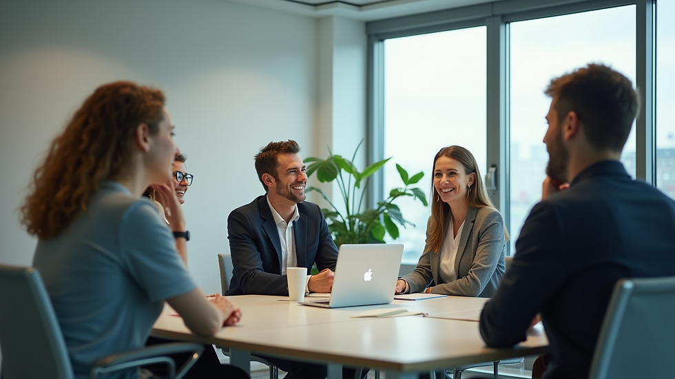 Vue en plongée d’une salle de réunion avec des employés souriants en pleine discussion