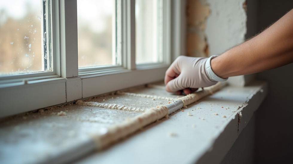 Close-up view of a window installation process showing insulation and sealing