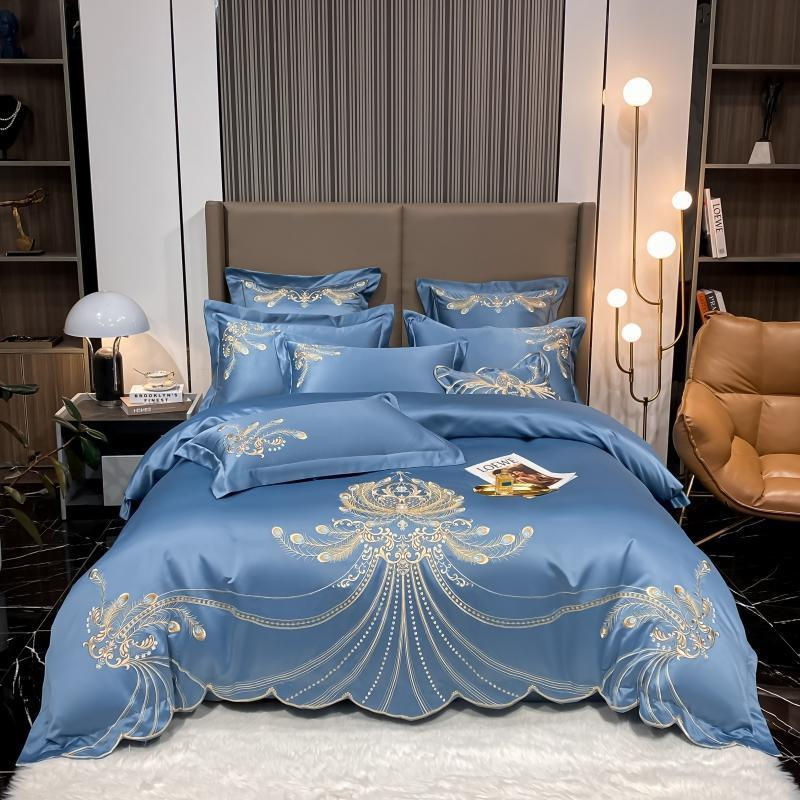 Thumbnail: 4/6Pcs White Gray Sateen Gold Embroidery Luxury Satin Cotton Bedding set Double 