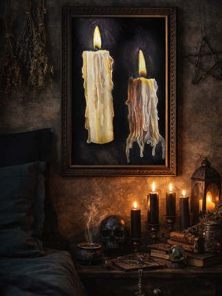 Framed watercolor print of two melting white candles hanging on a dark, witchy bedroom wall with candlelight decor