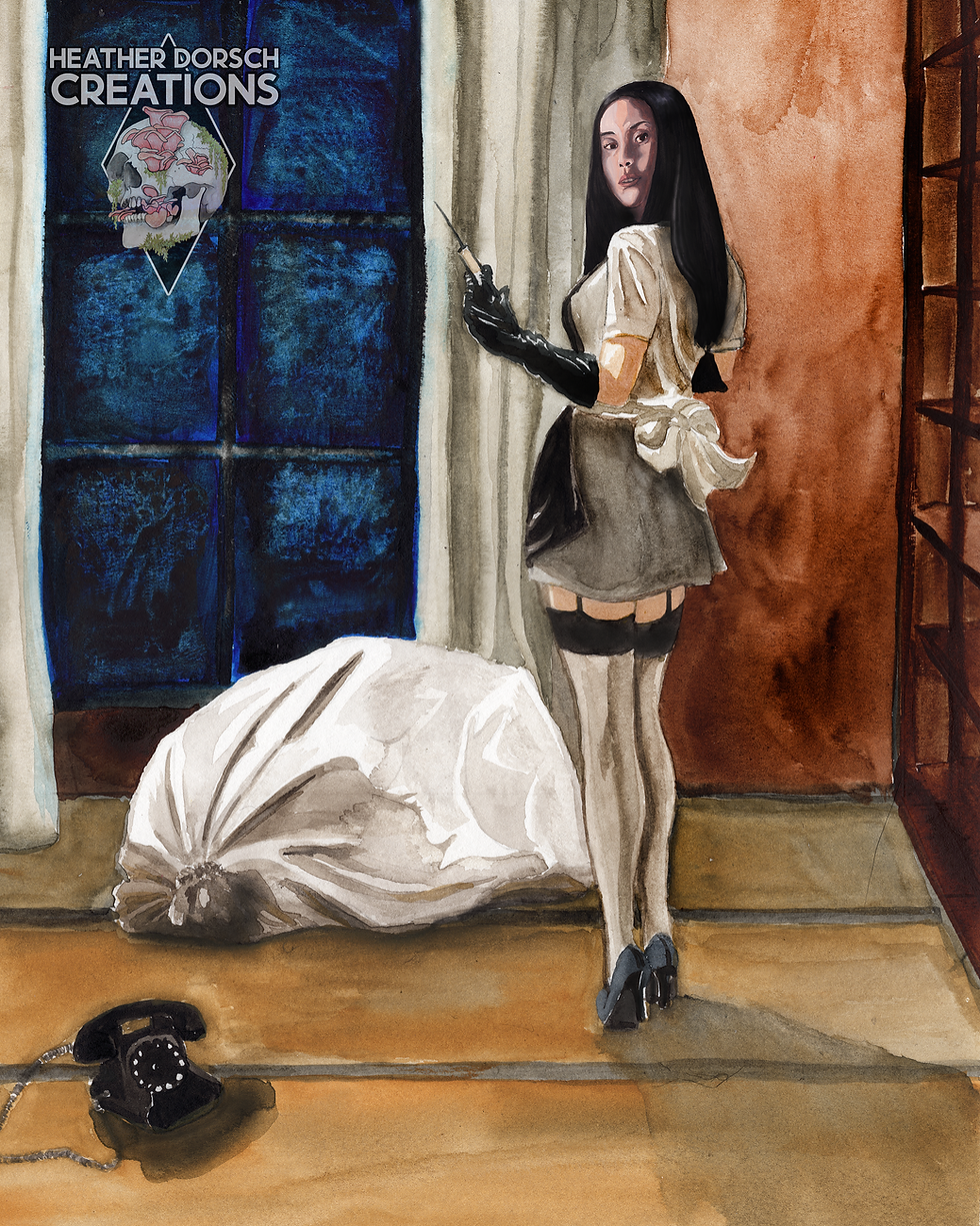 Thumbnail: Pinup Art print of Asami from "Audition"  and the bagged man on the floor