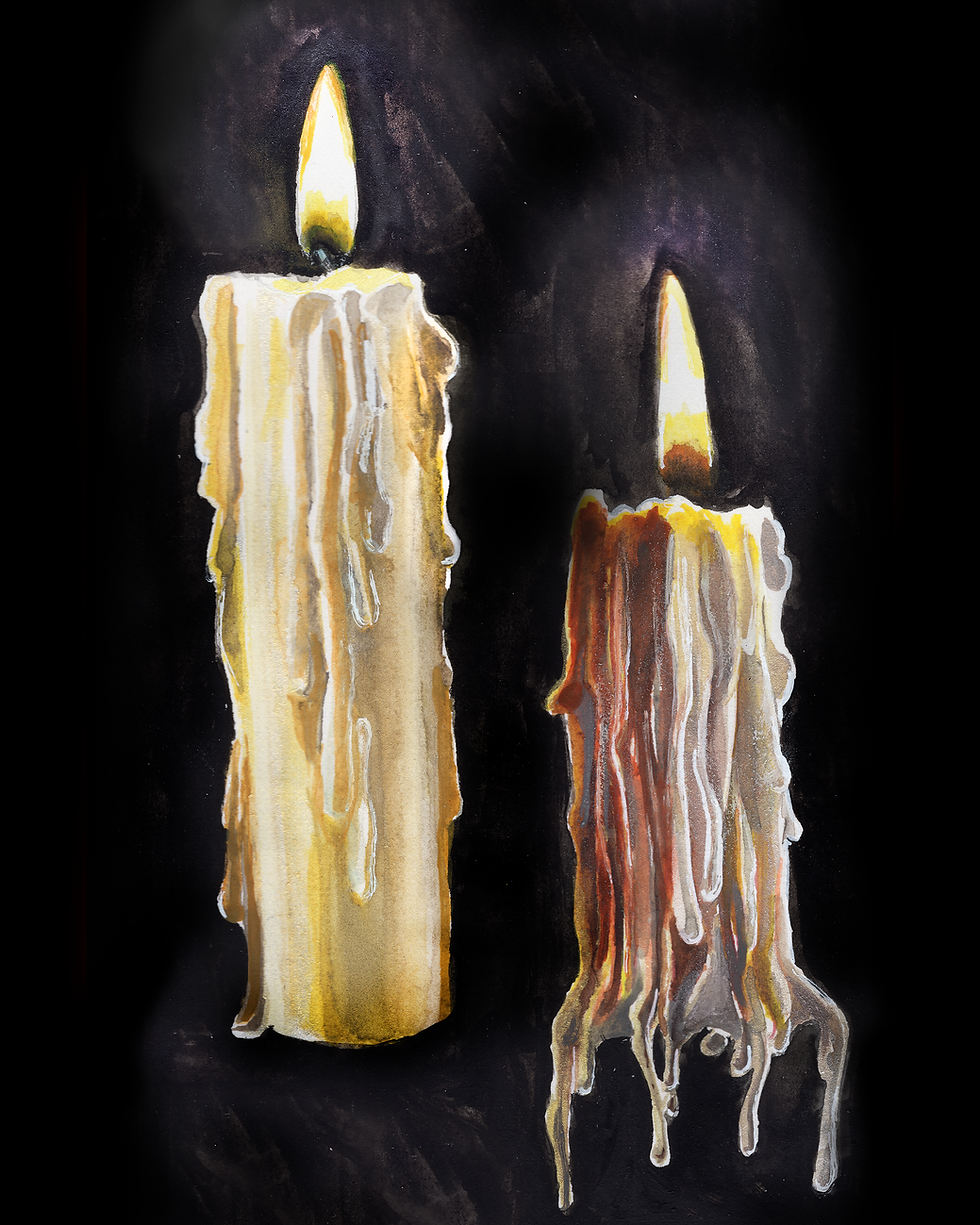 Watercolor painting of two lit white candles melting against a dark background, creating a moody, witchy atmosphere