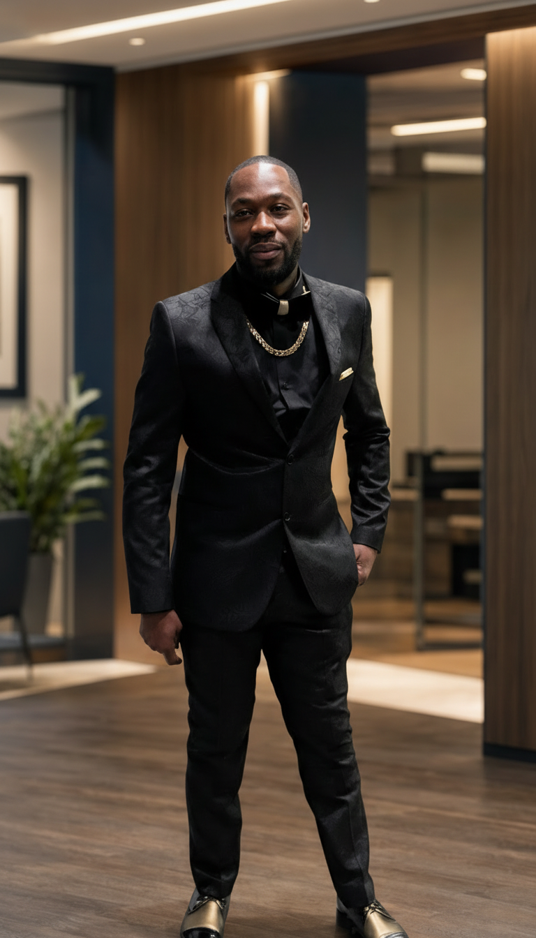 Full-body portrait of a man in a dark suit standing in a modern office interior