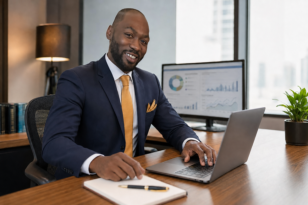 Consultant in a navy suit with a gold tie working at a laptop in a modern office, landscape orientation
