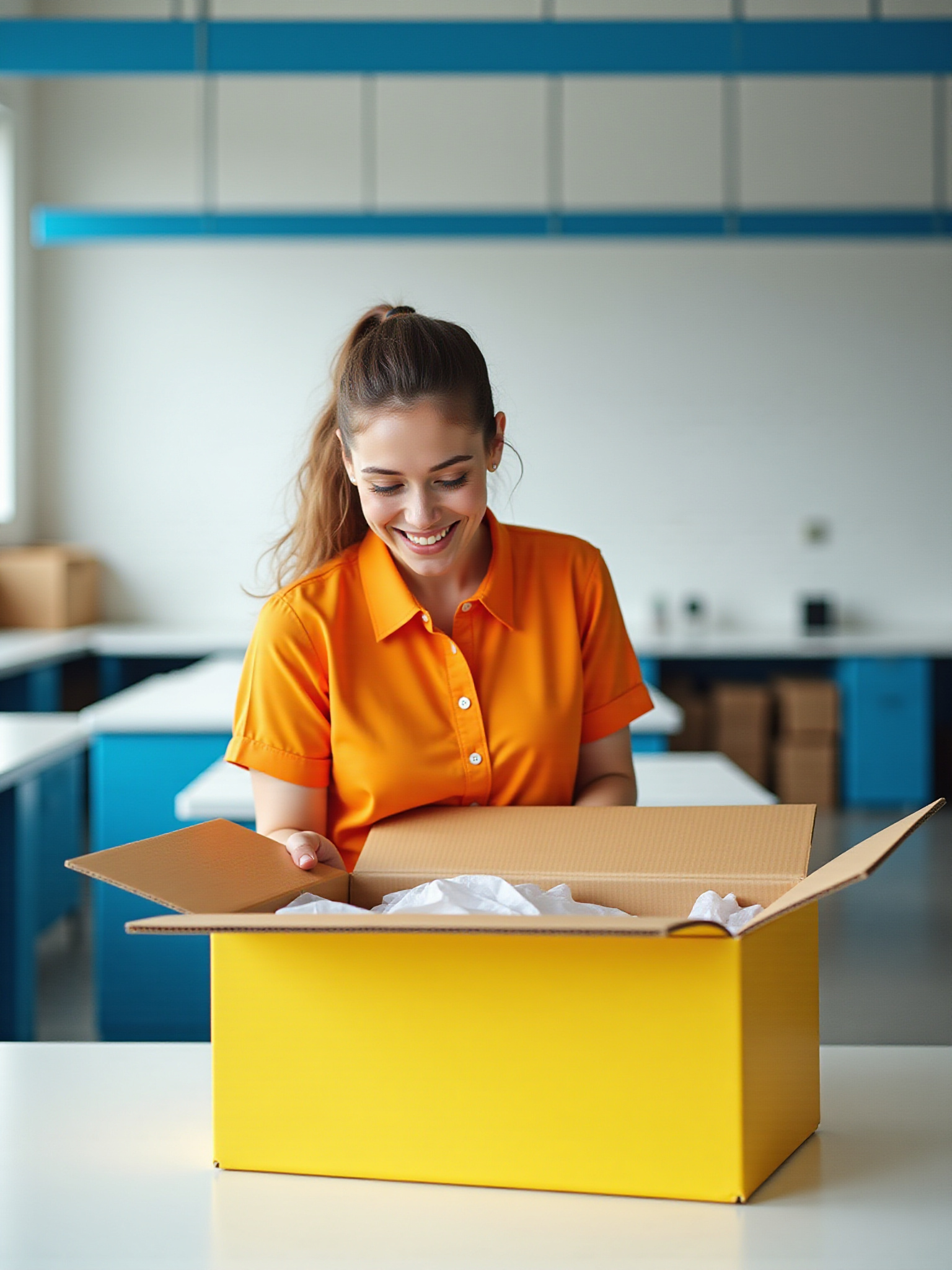 Woman in orange shirt looks inside yellow box with packaging materials.