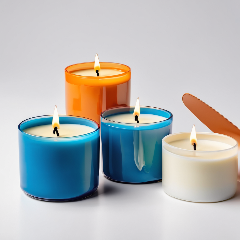 Four colorful candles with flames, Scented Candle Set, close up on white background.