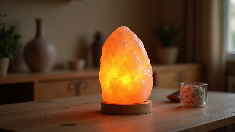 Close-up view of glowing Himalayan salt lamp on wooden table