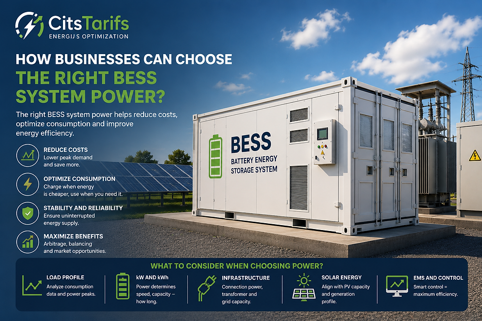 BESS system power selection for businesses with solar panels, energy optimization and industrial battery storage infrastructure