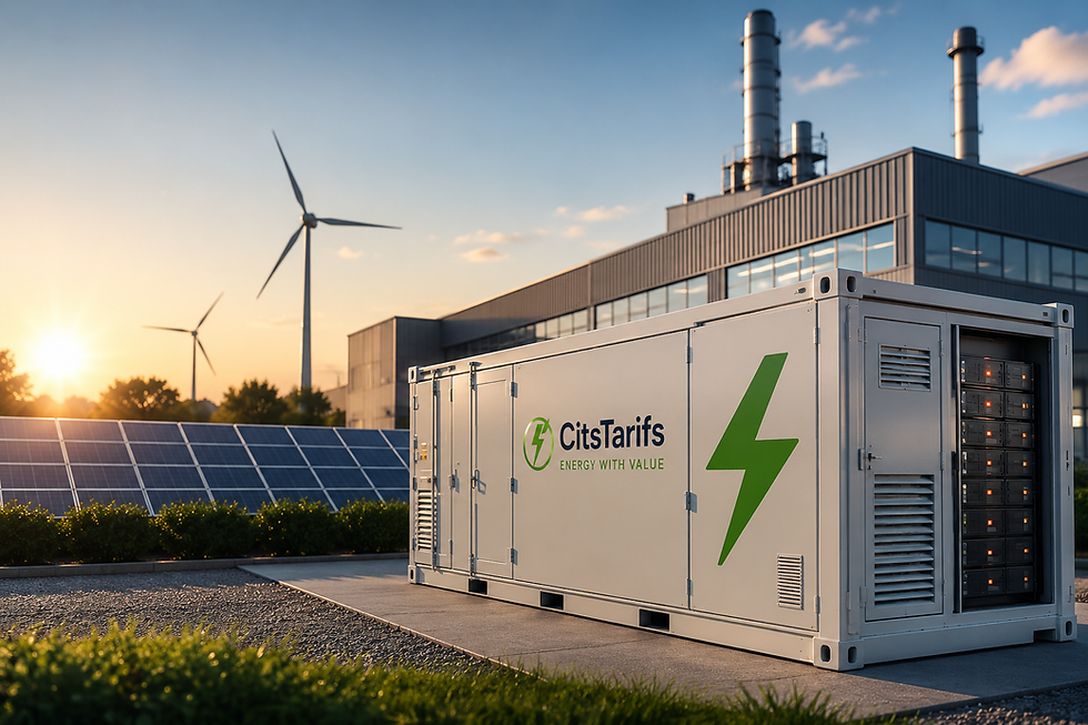 Akumulatoru sistēmas uzņēmumiem pie modernas ražotnes ar saules paneļiem. Industriāla enerģijas uzkrāšanas sistēma elektroenerģijas izmaksu optimizācijai un enerģētiskajai neatkarībai.