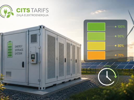 Cik ilgi kalpo akumulatoru sistēma – CitsTarifs BESS sistēma ar bateriju veselības indikatoru, saules paneļiem un vēja turbīnu enerģijas uzkrāšanas risinājumu ilustrācijā.