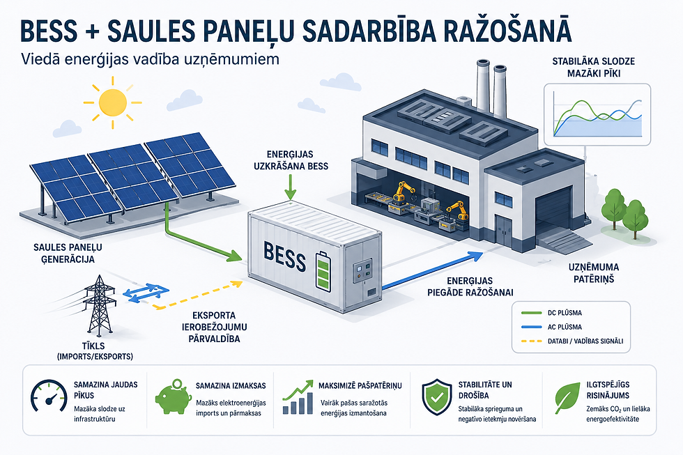 BESS sistēma strādā kopā ar saules paneļiem ražošanā, uzkrājot elektroenerģiju un stabilizējot uzņēmuma slodzi industriālā objektā