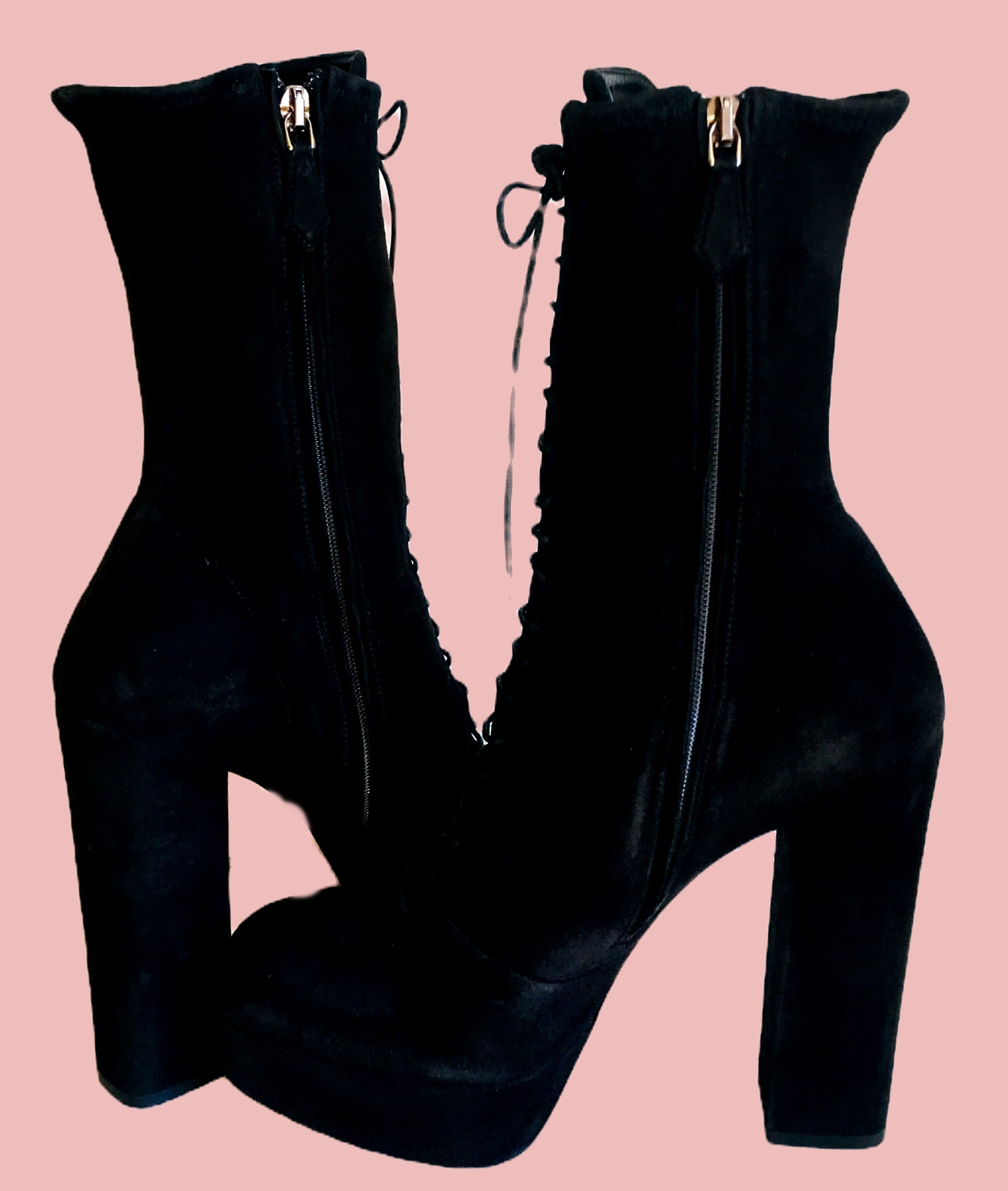 A/W 2MIU MIU BLACK SUEDE PLATFORM LACE-UP BOOTS D39 UK6 US9
