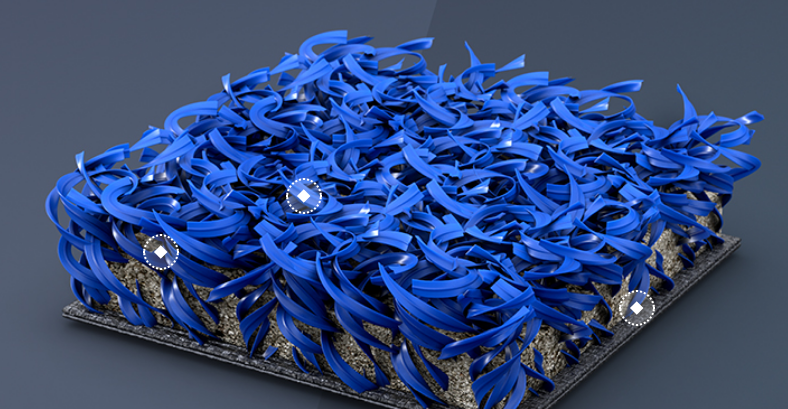 Close-up 3D rendering of fibrillated artificial turf, featuring flat ribbon-like blue fibers split into a mesh structure, interwoven and resting on a base layer filled with silica sand. This turf type holds infill securely, reduces maintenance needs, and is well-suited for both indoor and outdoor padel courts.