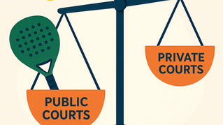 A flat-style digital illustration of a balance scale symbolizing the competition between public and private racquet sport courts. The left orange bowl labeled “Public Courts” holds a green padel racket and tennis ball, while the right orange bowl labeled “Private Courts” is slightly raised, suggesting imbalance. The scale is dark blue against a light beige background, conveying contrast between community access and private facilities.