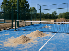 Partially constructed padel court with blue flooring, glass walls, and construction materials, set outdoors under a clear sky