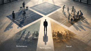Aerial-perspective composite image showing a person in a business suit standing at the intersection of four racquet sport courts inside a large, light-filled facility. Three labeled zones radiate outward from the central figure: "Performance" (bottom left, showing competitive players), "Participation" (bottom center, showing casual mixed-age players on court), and "Social" (bottom right, showing groups gathered around tables). The image conveys the strategic decision-making role of a facility operator balancing different customer segments.