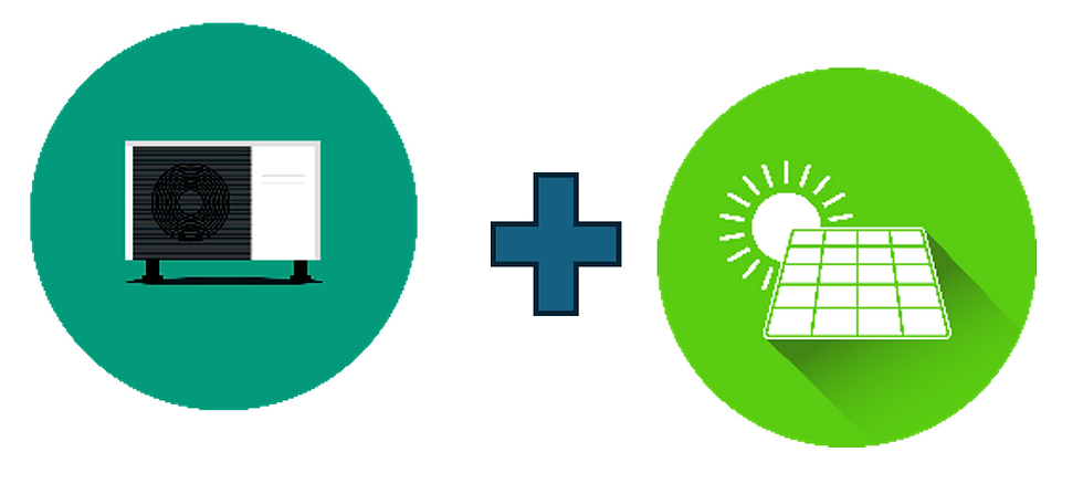 The image shows a combination of two icons: on the left, a heat pump (likely representing energy-efficient heating/cooling technology) within a teal circle, and on the right, solar panels with a sun in a green circle.