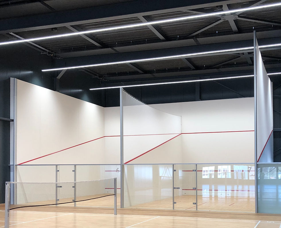 The image shows a modern squash court with solid walls and glass back wall