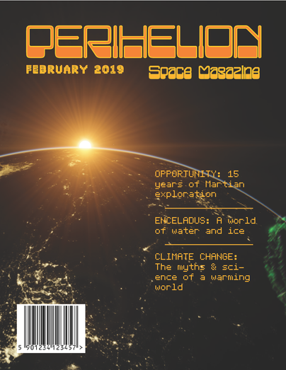 A space zine titled Perihelion. Background image features the sun rising over the earth in a view from space.