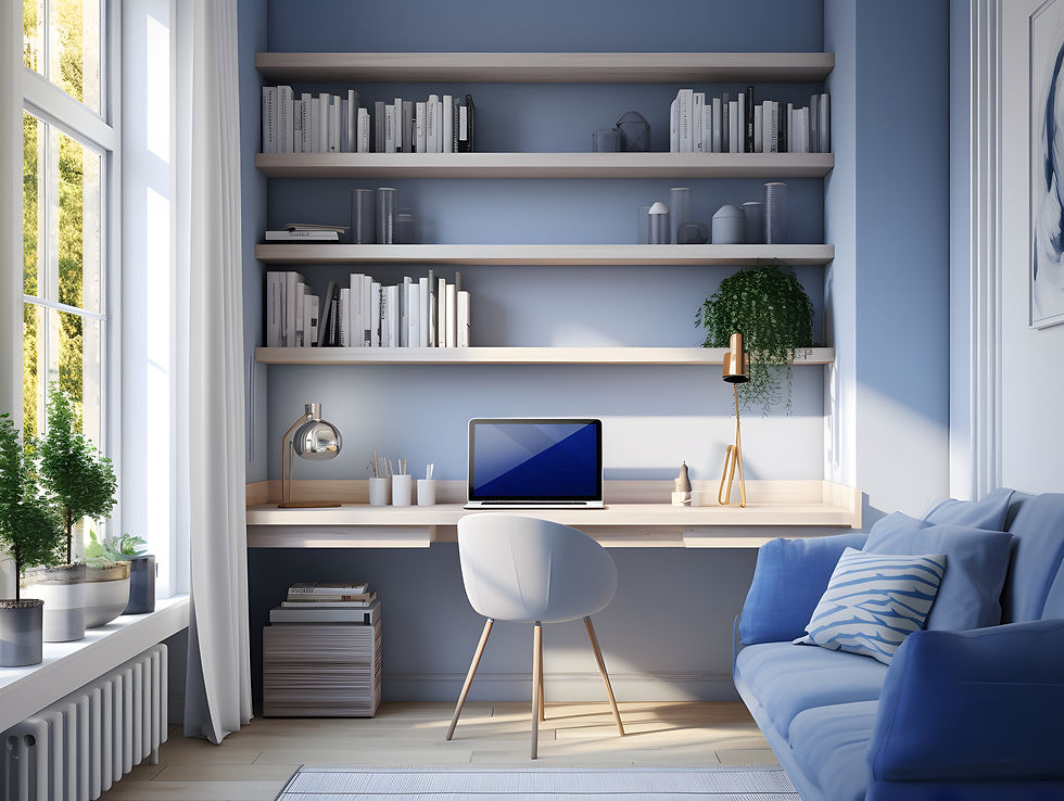 Blue modern small home office with plants