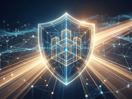 Ilustración digital de un escudo tecnológico brillante que alberga en su centro una estructura geométrica sólida en forma de fortaleza. El diseño combina tonos azules y dorados con una red de datos y nodos conectados que fluyen hacia el exterior. La imagen simboliza la seguridad de la información como un núcleo estructural que protege y proyecta confianza hacia el entorno empresarial.