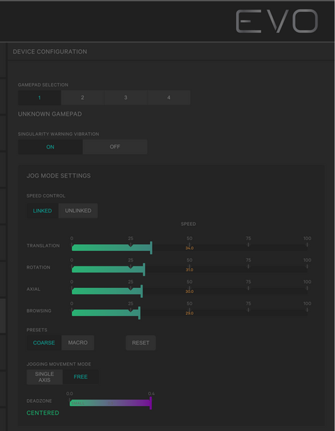 Gamepad control panel with configuration settings, ON, OFF, SPEED, and presets.