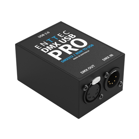ENTTEC DMX USB PRO, black interface box with USB 2.0 and DMX ports.