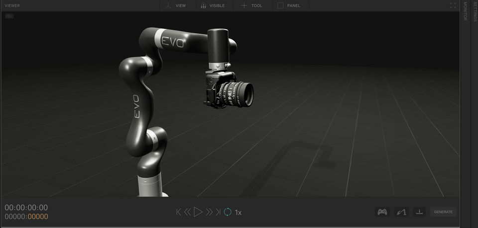 EVO camera arm holding a camera with visible text, tools, and a panel.