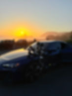 EVO Moco robot mounted on electric blue Audi car for Audi 2025 car commercial. Sunrise in background Motorized Precision.