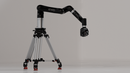 EVO motion control robot extended on tripod with compact base and arm.