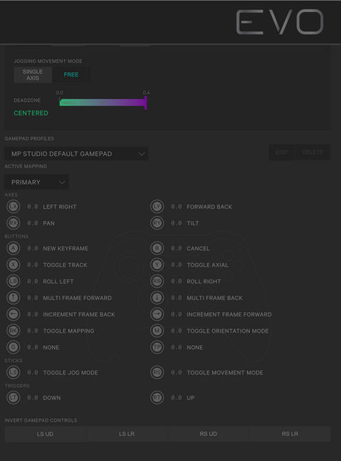 MP Studio Default Gamepad settings with primary controls centered, Toggle Track, and Roll Right.