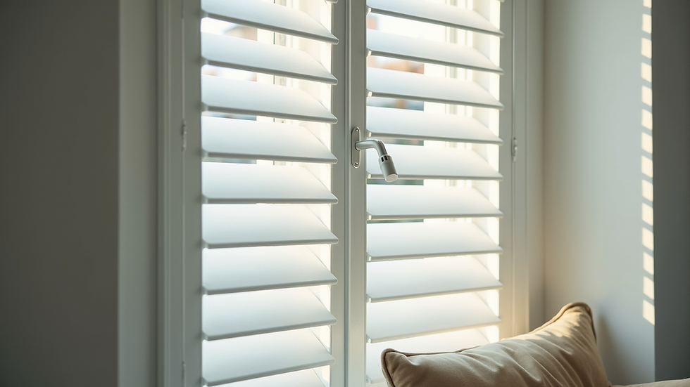 Eye-level view of white interior shutters on a living room window