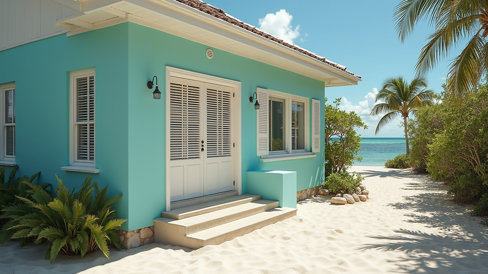 High angle view of a beach house featuring Bahama shutters