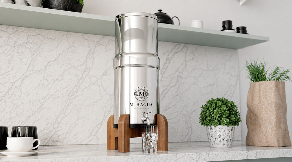 Miragua stainless steel water filter filling a glass