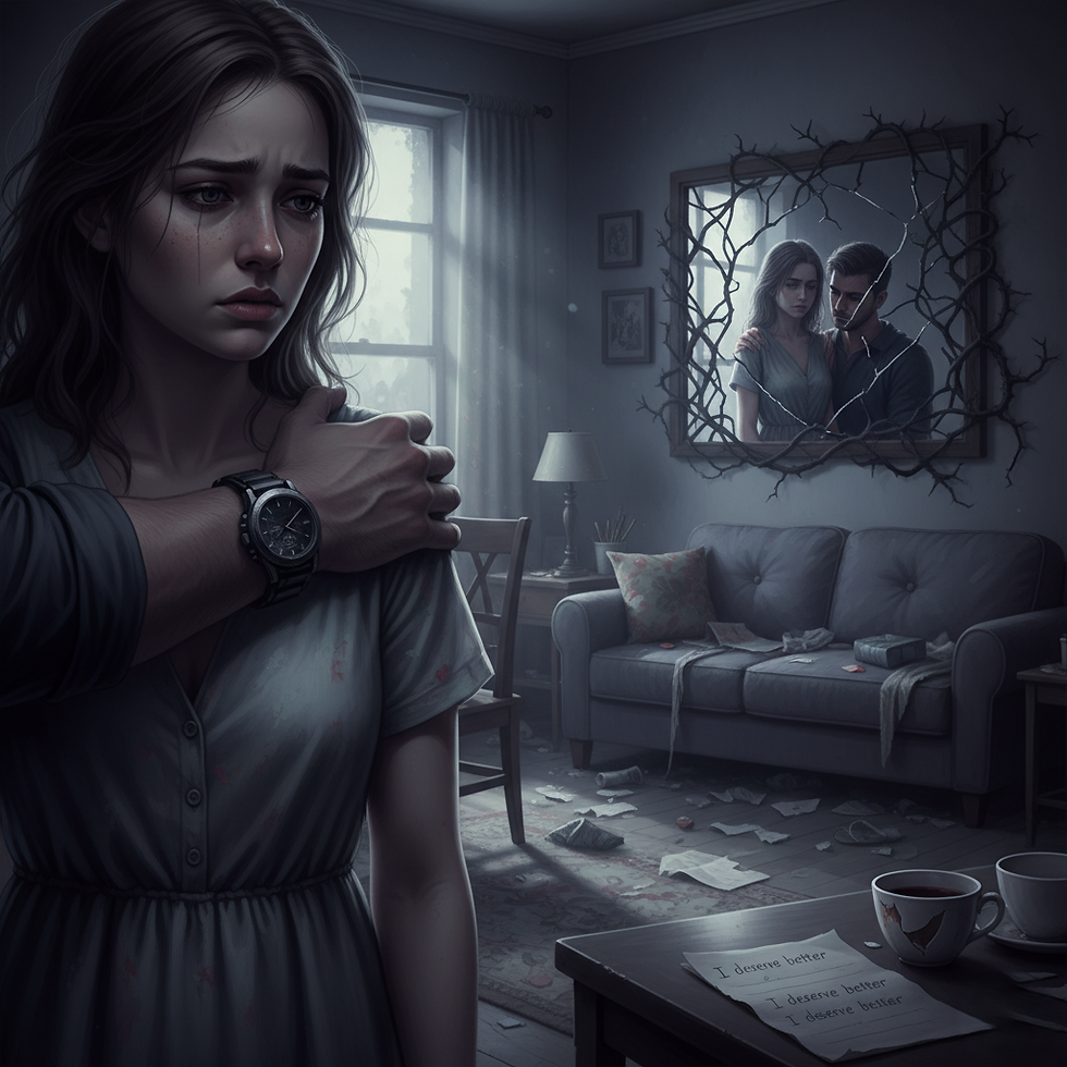 Eine traurige Frau steht in einem düsteren Wohnzimmer, während im Spiegel ein Paar zu sehen ist. Das Bild symbolisiert die emotionale Gefangenschaft und den Schmerz einer toxischen Beziehung.