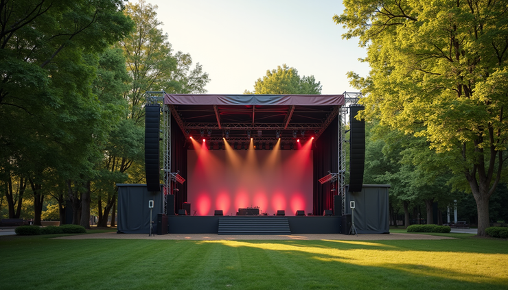 Empty outdoor concert stage with red lights in a leafy park, framed by tall trees and green lawn at sunset.
