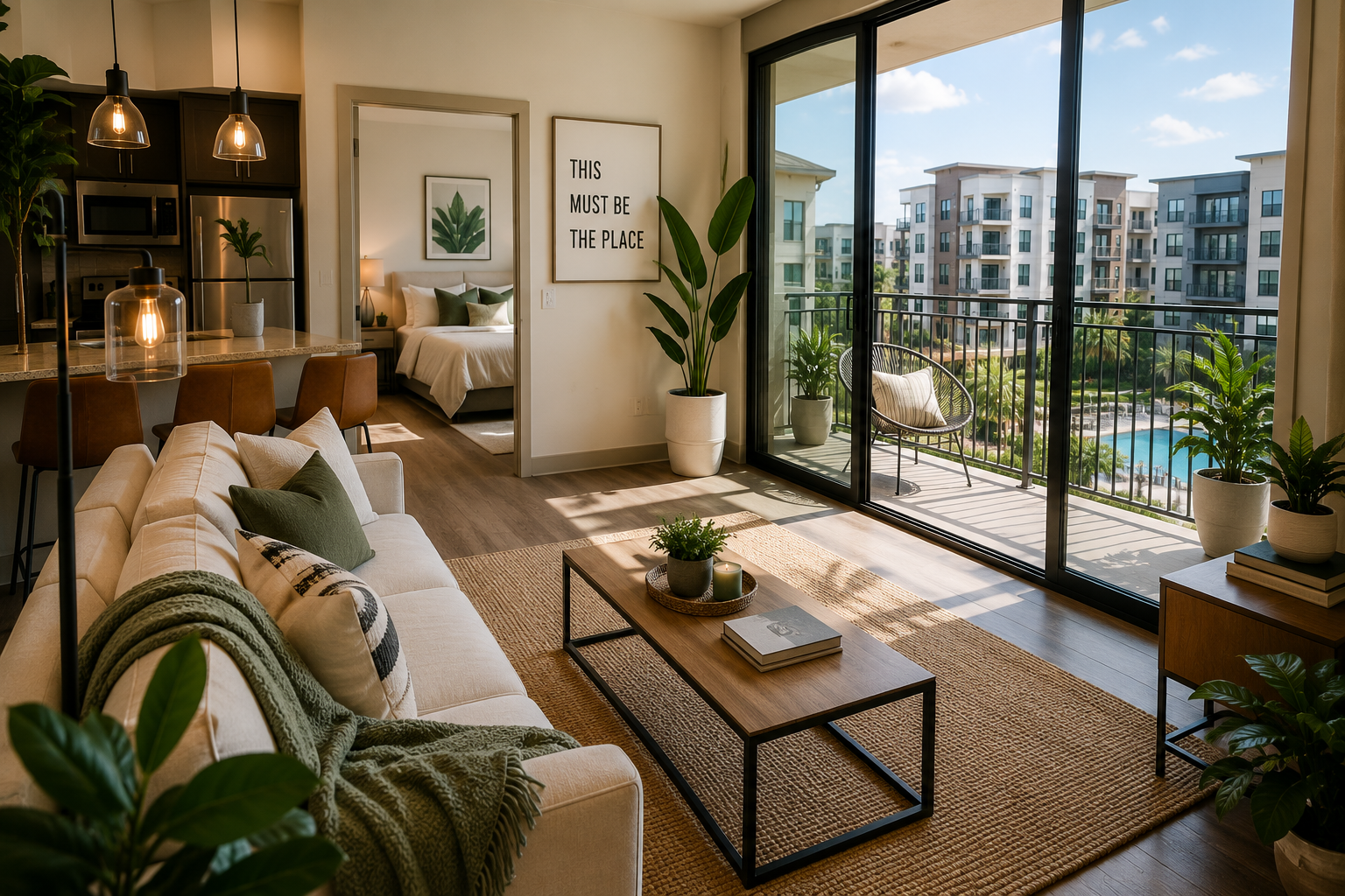 Modern apartment interior in Orlando featuring an open-concept living room and balcony near Walt Disney World
