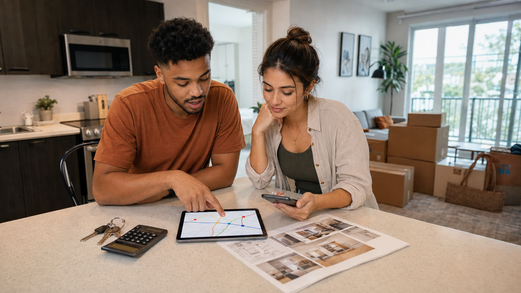 Two Orlando renters comparing apartment locations and four abstract commute routes at a kitchen island with keys and moving boxes nearby.