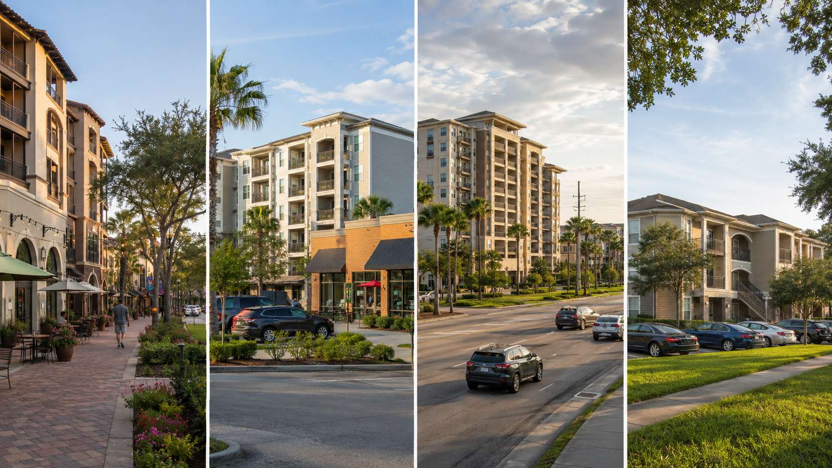 Editorial split scene showing four Central Florida apartment lifestyles: a walkable town-center street, a newer suburban community, a busy tourism corridor and a practical value-oriented apartment district, with no text or logos.