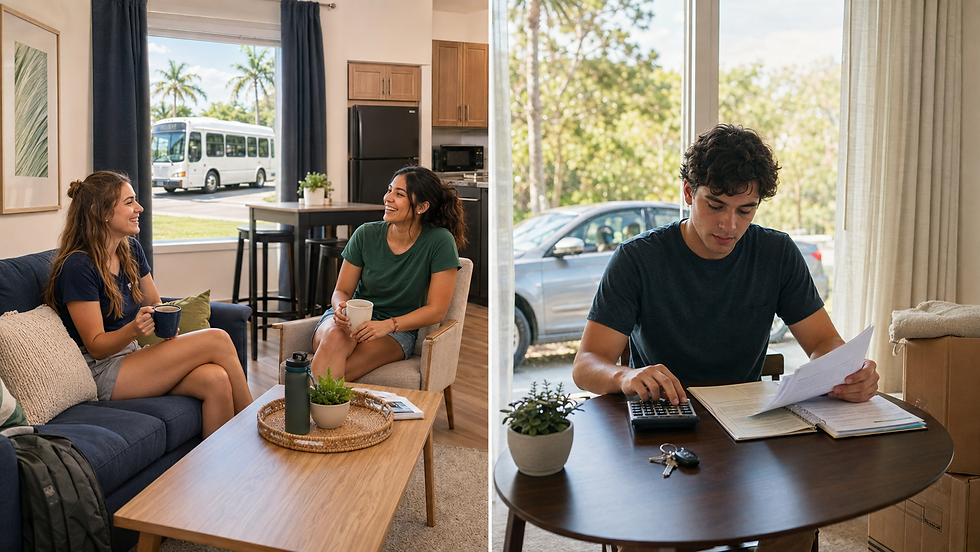 Side-by-side comparison of furnished Disney College Program housing with roommates and independent off-site apartment living with transportation and household bills.