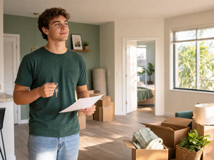 Former Disney College Program participant holding apartment keys and a moving checklist inside a bright Orlando apartment with moving boxes.