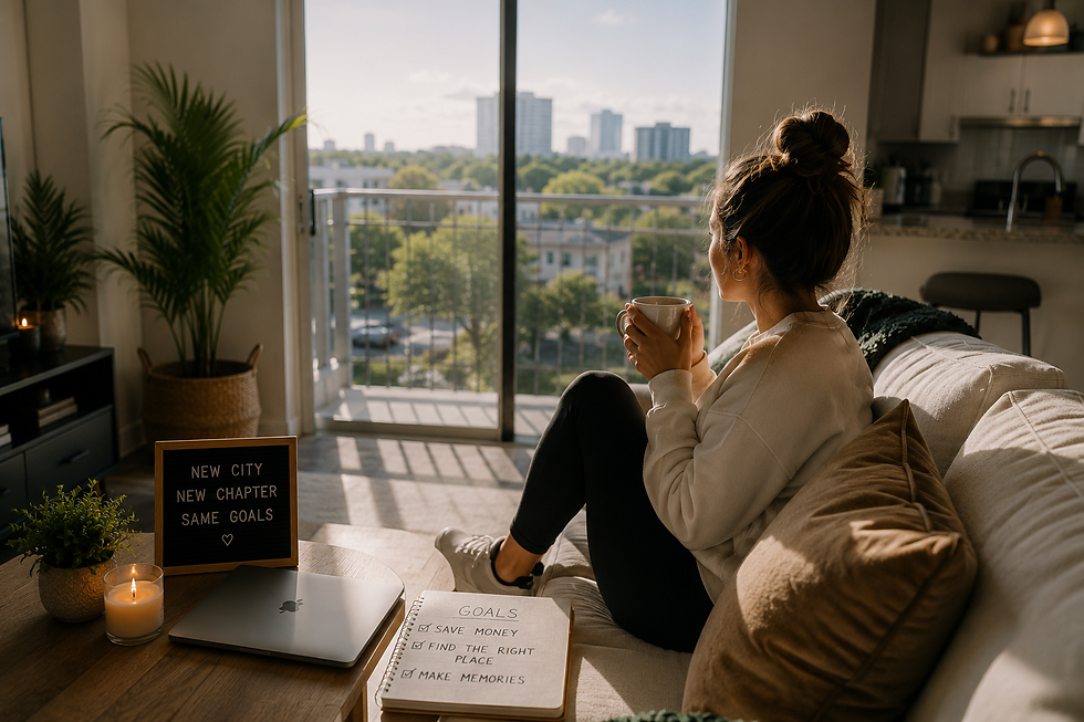 Person relaxing in a bright Orlando apartment, representing the comfort of finding the right home after the Disney College Program.