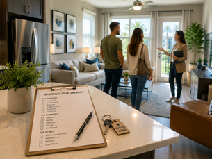 Couple touring a modern apartment while using a checklist to compare features before signing a lease.